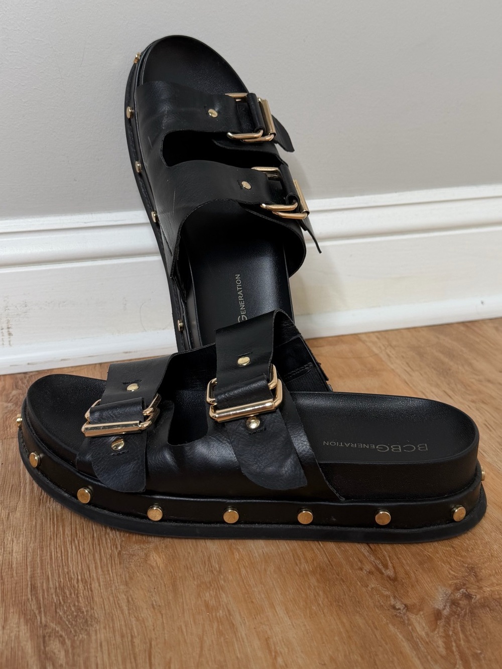 BCBGeneration Black Slide Sandals with Gold Buckles & Studs Mini Platform